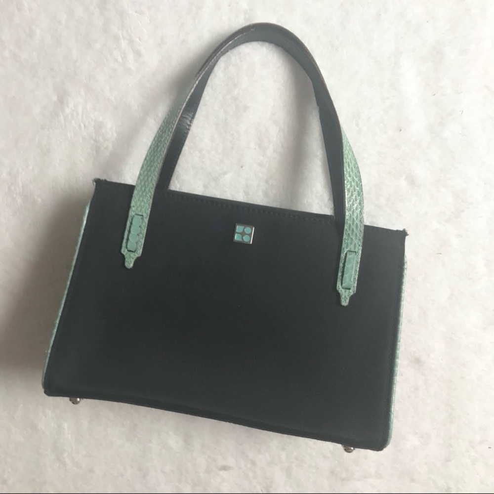 VTG Y2K Kate Spade Mini Sam Bag, Black Satin with Green Snakeskin Trim